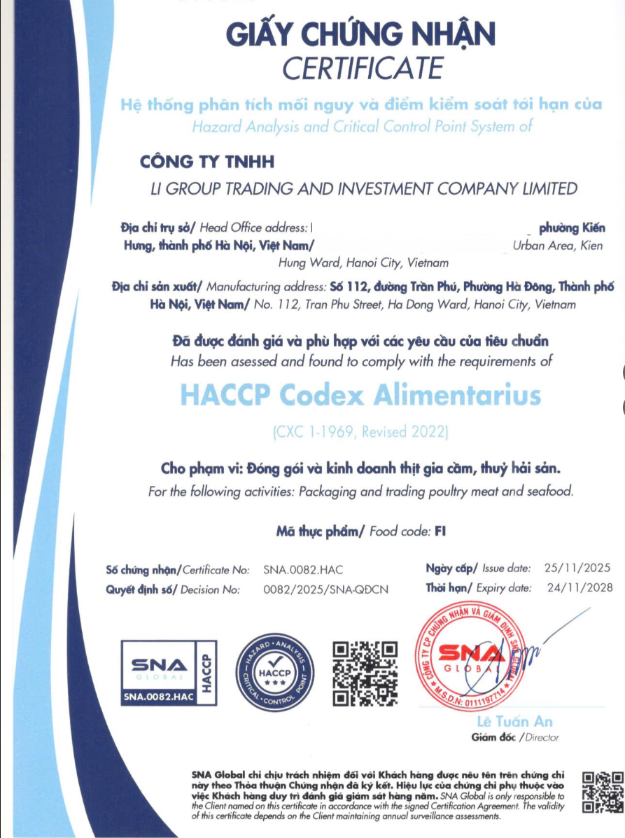 Giấy chứng nhận HACCP Codex Alimentarius LiFood